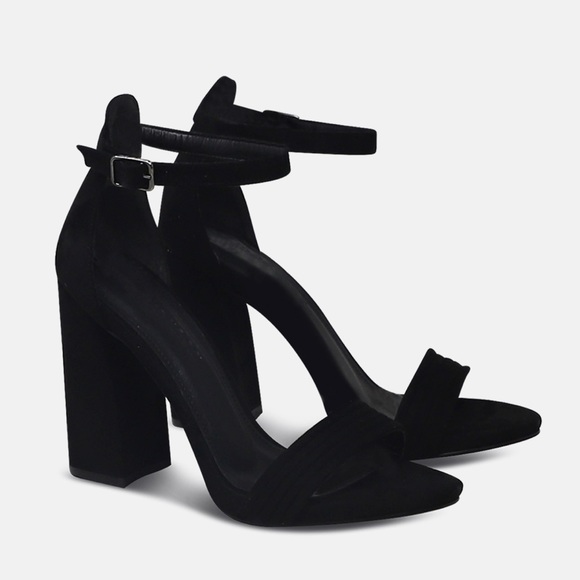vivorosa Shoes - Women’s Barely There Pointed Toe Block High Heeled Sandals in Black Faux Suede